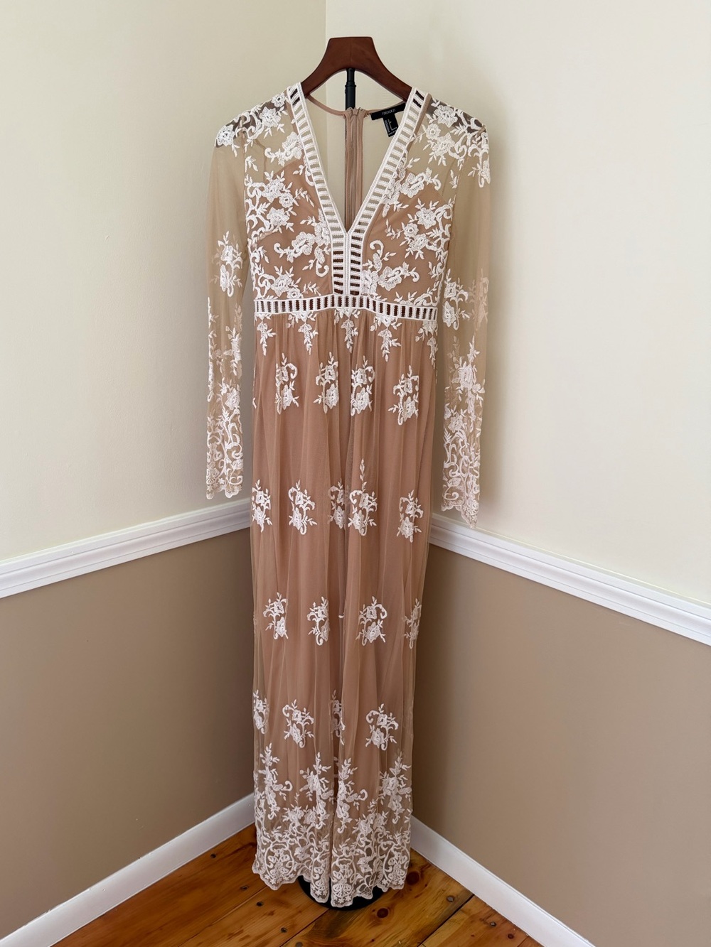 Sheer Beige Maxi Dress with White Floral Embroidery Bridal Engagement NWOT